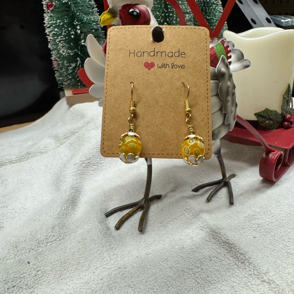 Yellow Millefiori Earrings with Gold Cloissione Bead Cap Accents 2/$22 - Picture 4 of 6